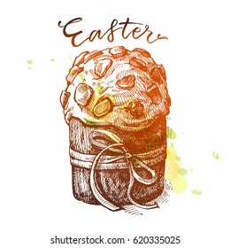 Beautiful Easter cake, sprinkled with candied fruits and raisins, tied with a beautiful ribbon. Hand drawn sketch. With a gradient from brown to yellow. With green and yellow splashes.