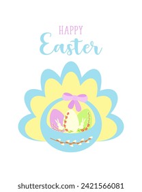 Beautiful Easter card with basket of eggs on pastel background and inscription Happy Easter.