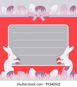 Beautiful easter card with bunny and eggs on lace background. Vector