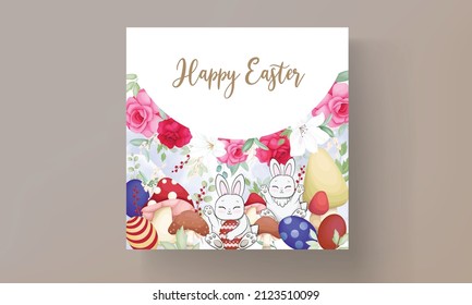 beautiful Easter card with cute bunny  mushroom and beautiful flower