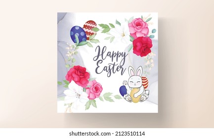 beautiful Easter card with cute bunny  mushroom and beautiful flower