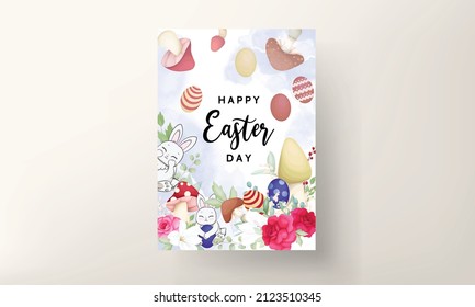 beautiful Easter card with cute bunny  mushroom and beautiful flower