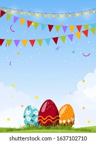 Beautiful easter card, decorated eggs in the grass on a natural sky background. Festive background with copy space. Flat cartoon vector illustration