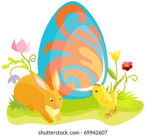 Beautiful easter card with the drawn rabbit, a chicken and egg