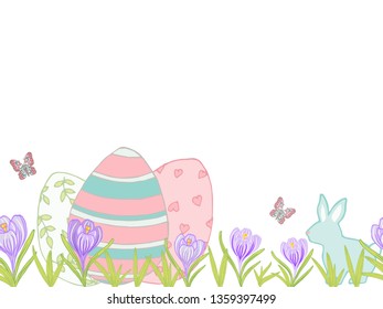 Beautiful easter card with eggs, rabbit, crocus and butterflies. Easter card with spring flowers and butterflies