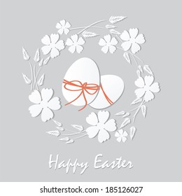 Beautiful easter card with floral frame and easter eggs with cute bow.