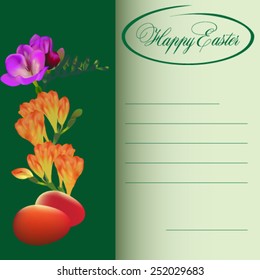 Beautiful Easter card with freesia on green background - vector illustration.