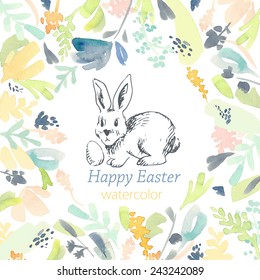 Beautiful Easter card with rabbit and watercolor flowers, drawing hands, vector illustration