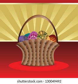 Beautiful easter card with woven basket of colorful eggs.