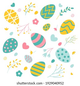 Beautiful Easter collection with easter eggs, hearts, flower compositions. Happy Easter template. Modern flat vector illustration.