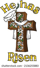 Beautiful Easter cross decorated with Easter lilies and a Holy Spirit dove with an olive branch with text which reads He has risen.