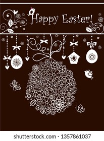 Beautiful Easter decorative card with crochet lacy hanging eggs, nestling box and funny little birds