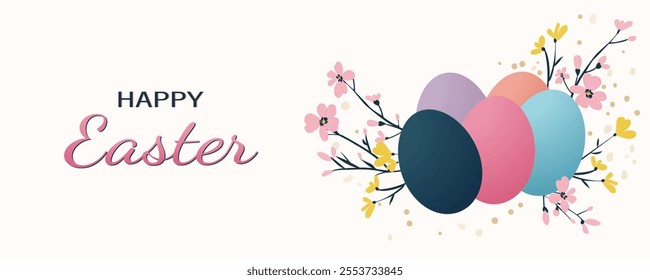Beautiful Easter design with colorful Easter eggs and spring flowers. Happy Easter background, poster, banner, cover, invitation for print and design.	