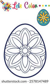 Beautiful Easter egg coloring page with a detailed mandala floral design, perfect for kids and adults.	
