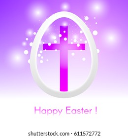 Beautiful Easter egg with cross on pink background with glow and bokeh particles
