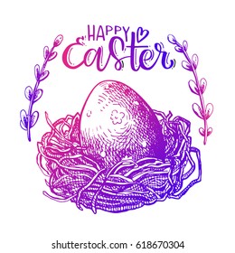 A beautiful Easter egg in a nest with willow twigs. Written Lettering Happy Easter! Spring easter illustration. With a gradient from violet to pink