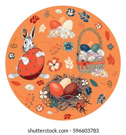 Beautiful Easter eggs in a basket and in the nest with easter bunny with various flowers in the shape of circle. Vector illustration on orange background