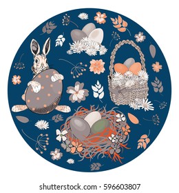 Beautiful Easter eggs in a basket and in the nest with easter bunny with various flowers in the shape of circle. Vector illustration on blue background