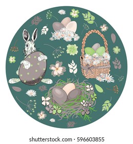Beautiful Easter eggs in a basket and in the nest with easter bunny with various flowers in the shape of circle. Vector illustration on green background