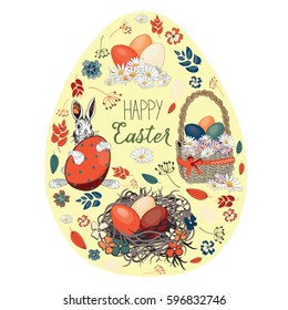 Beautiful Easter eggs in a basket and in the nest with easter bunny with various flowers in the shape of egg. Vector illustration on light yellow background. Happy Easter greeting card