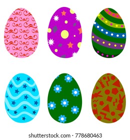 Beautiful Easter Eggs in Modern Flat Design with Ornate Textures Isolated on White Background. Vector Illustration