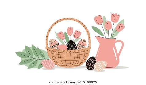 Belos ovos de páscoa e tulipas cor-de-rosa em um arranjo decorativo para celebração da primavera