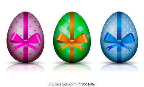 Beautiful Easter Eggs Polka Dot & Checked Texture with Bows & Shadow. Vector Illustration