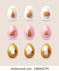 Beautiful Easter Eggs set with rabbit silhouettes on golden, pink and white realistic eggs. - Vector