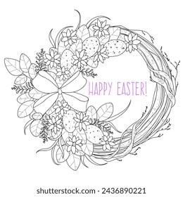 Beautiful Easter flower composition. Antistress page for adults. Vector illustration.