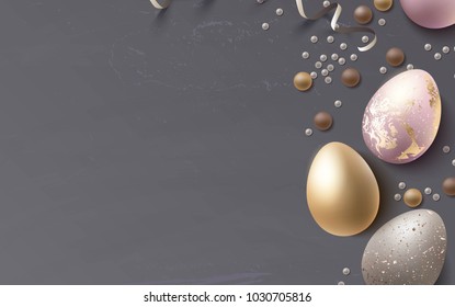 Beautiful easter golden eggs, candies  on shabby wooden background. Vector illustration
