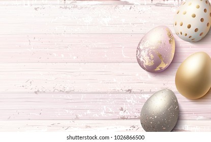 Beautiful easter golden eggs  on pink shabby wooden background. Vector illustration