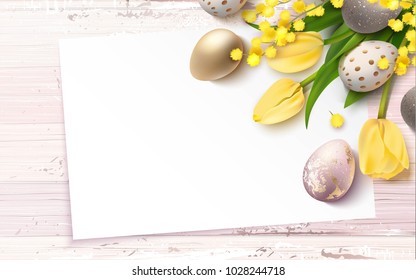 Beautiful easter golden eggs, tulips and mimosa branch  on pink shabby wooden background. Vector illustration