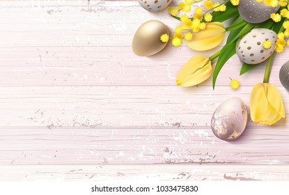 Beautiful easter golden eggs, yellow tulips and mimosa branch  on pink shabby wooden background. Vector illustration