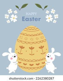Beautiful Easter greeting card with bunnies and egg