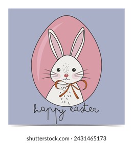 Beautiful Easter greeting card, cover, poster, label, flyer, banner with a pink egg decorated with a cute bunny drawing