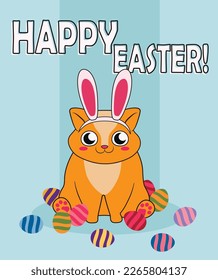 Hermosa tarjeta de saludo de Pascua con gato bonito y huevos pintados