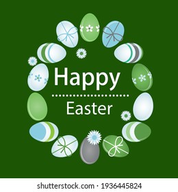 Beautiful Easter greeting card with floral wreath and colorful eggs on green background. Vector illustration