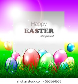 Beautiful Easter Greeting Card with Realistic Multicolored Eggs on Nature Background and Copyspace. 3D Vector Illustration