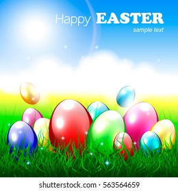 Beautiful Easter Greeting Card with Realistic Multicolored Eggs on Nature Background. 3D Vector Illustration