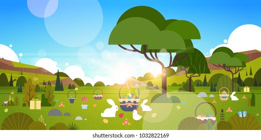 Beautiful Easter Holiday Background With Green Garden And Bunny Rabbit Eggs In Grass Vector Illustration