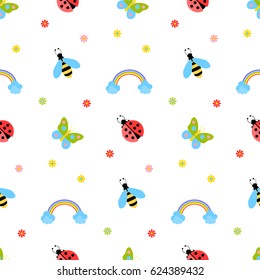 A beautiful Easter pattern with insects, butterflies, ladybirds, flowers and bees. Can be used for invitations, greeting cards, print, gift wrap, manufacturing.