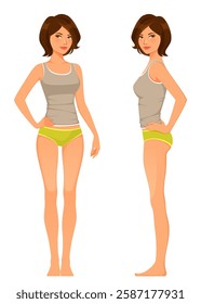 beautiful Eastern Asian woman in underwear, from front or profile view. Dieting or slimming concept. Cartoon illustration, isolated on white.	