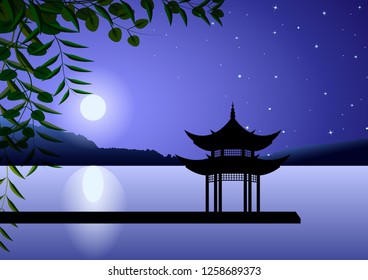 Beautiful Eastern landscape. Pagoda at Night on the shore at full moon against the starry sky. Vector Illustration