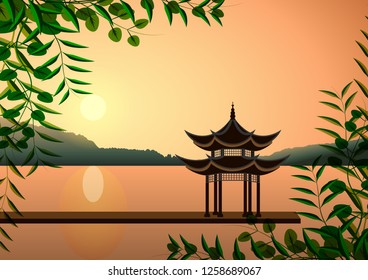 Beautiful Eastern landscape. Pagoda at sunset on the shore lakes or rivers. Vector Illustration