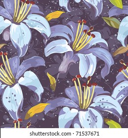 Beautiful eastern pattern with blooming lilies with on dark background, vector illustration