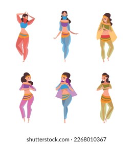 Beautiful Eastern Woman Dancing Belly Dance Vector Set