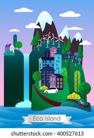 Beautiful ecology island. Vector illustration. Hills and mountains with building with windmill, solar battery and electric car