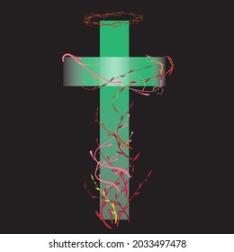 beautiful editable vector cross with various opacity and halo with colourful abstract plant brushes.abstract art of  christianity cross with beautiful brush strokes.cross with plants covering it.