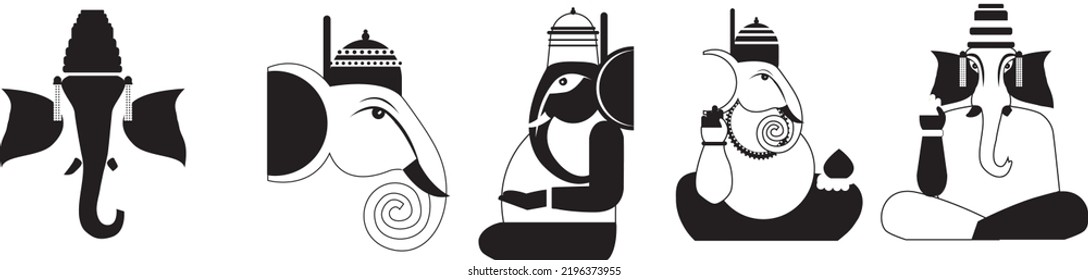 Beautiful editable vector set of Ganeshji - a hindu god. For use on T shirts, social media, tattoo, poster and other media