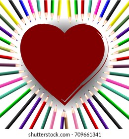 Beautiful Educational Background with Colored Pencils & Red Painted Heart. Vector Illustration